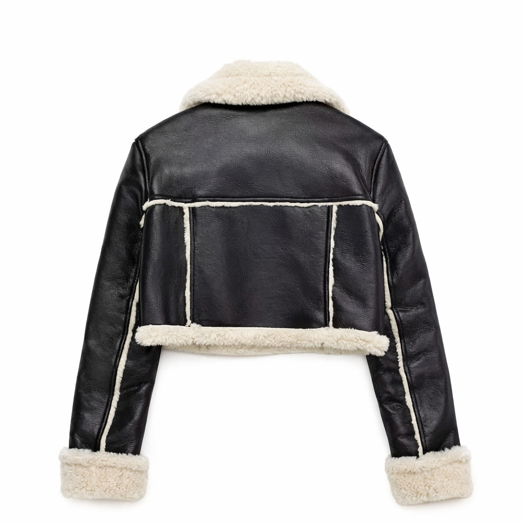 Women's Asymmetrical Sherpa Fur Cropped Leather Jacket