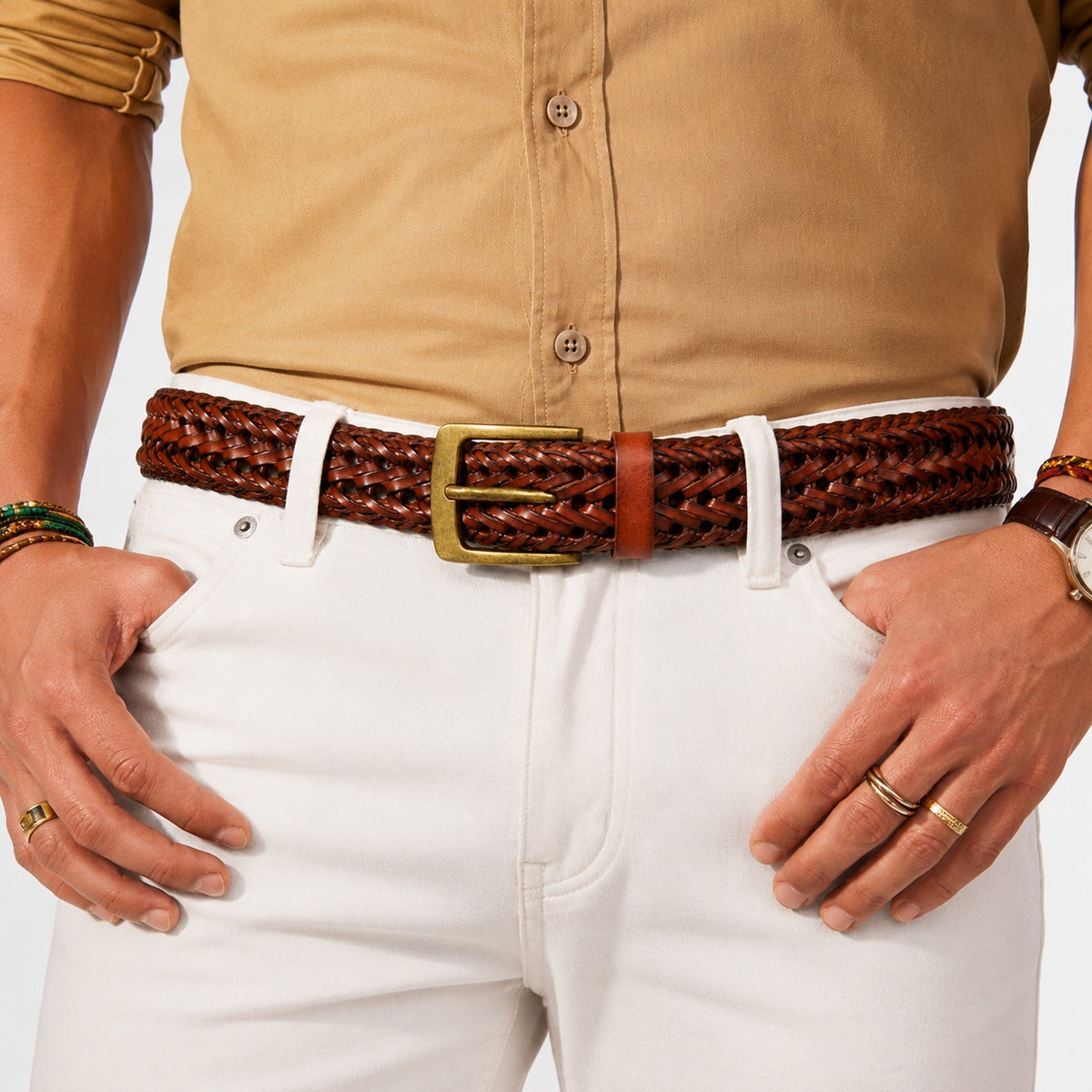 Men's Casual Braided Leather Belt Genuine Leather Woven Belt