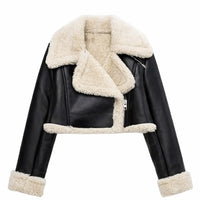Women's Asymmetrical Sherpa Fur Cropped Leather Jacket