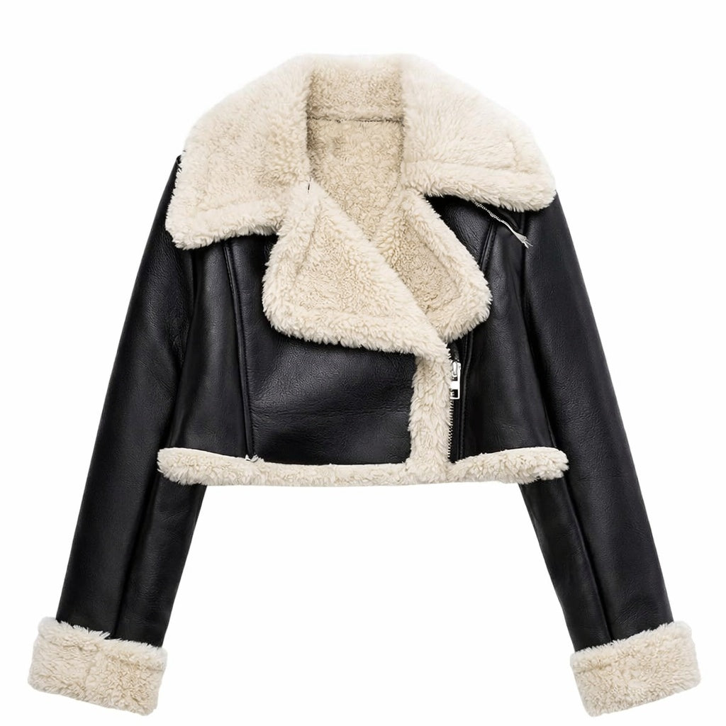 Women's Asymmetrical Sherpa Fur Cropped Leather Jacket
