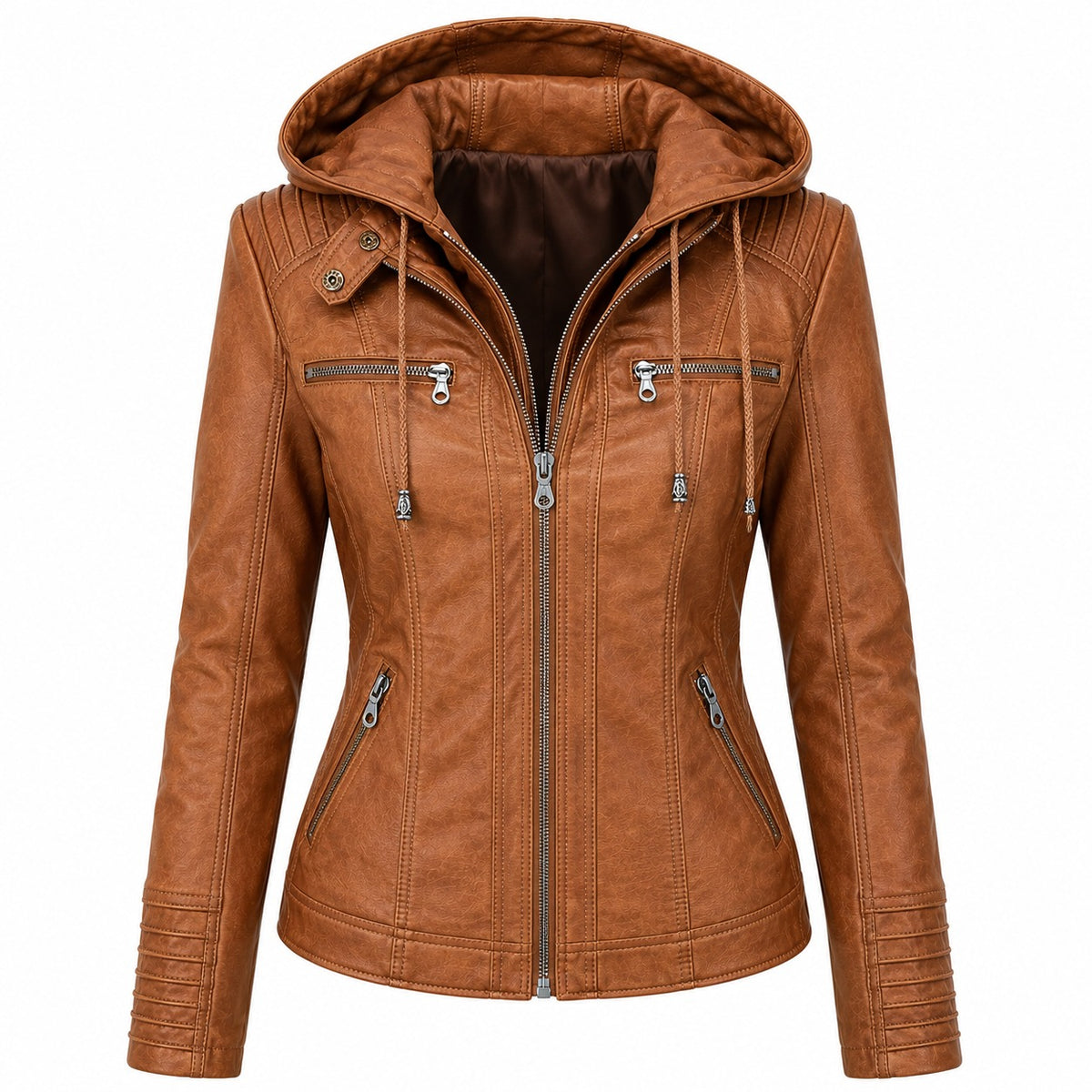Women's Stylish Hooded Moto Leather Jacket
