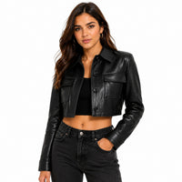 Women's Button Up Cropped Leather Jacket