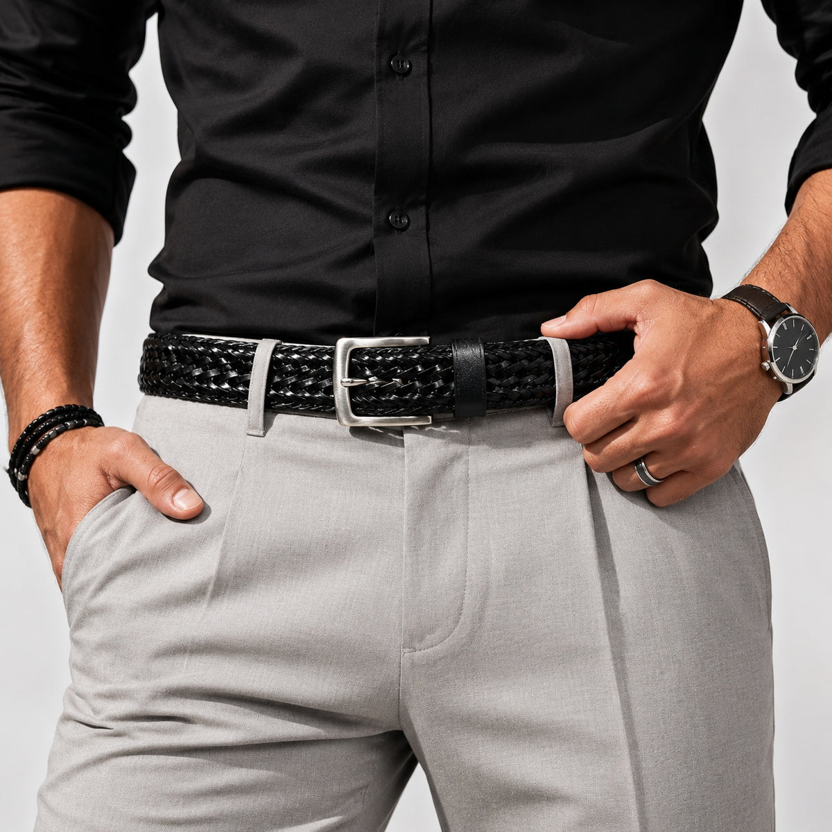 Men's Genuine Leather Braided Belt Casual Woven Dress Belt