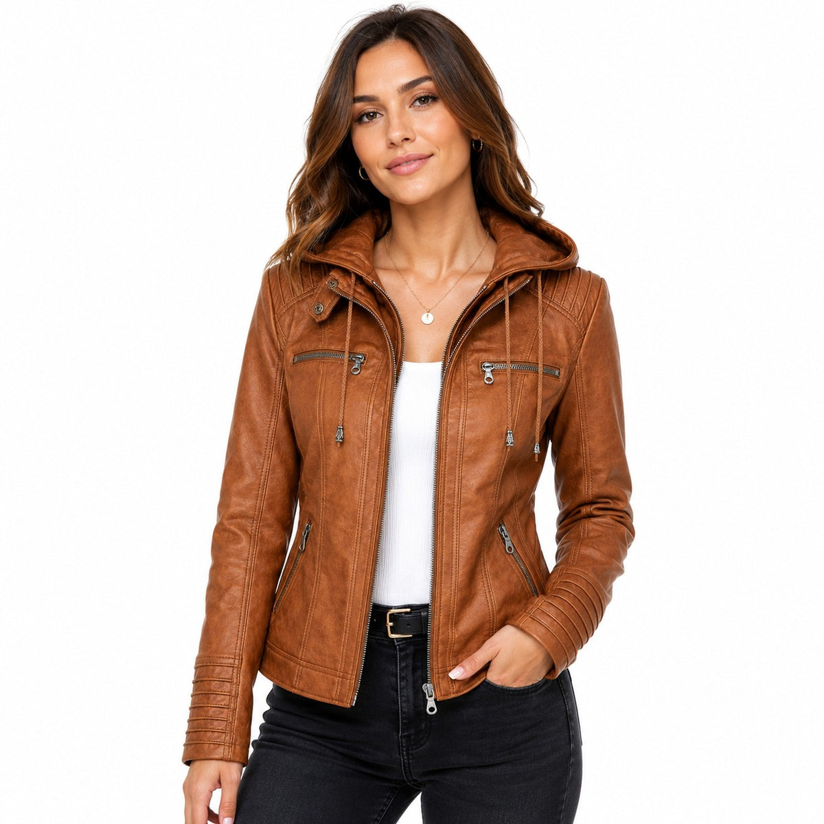 Women's Stylish Hooded Moto Leather Jacket
