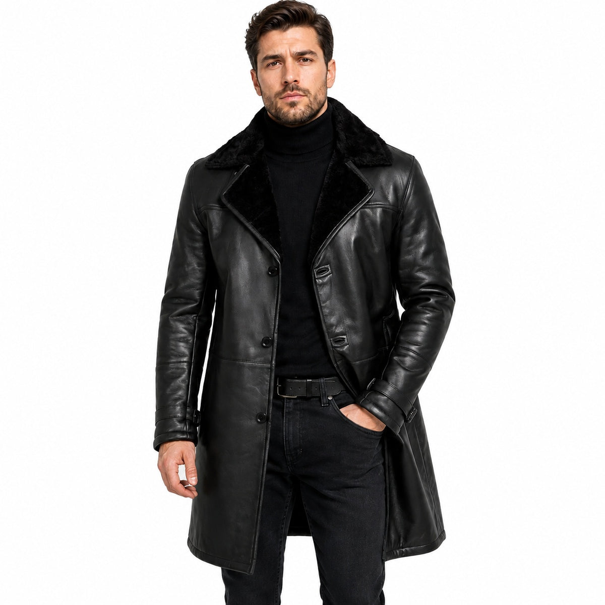 Men's Button Up Sherpa Lined Fur Leather Coat