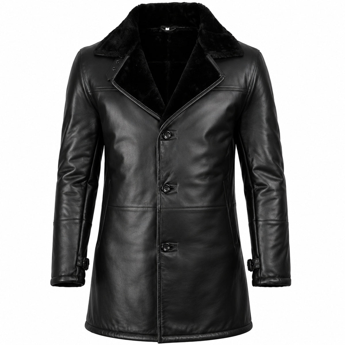 Men's Button Up Sherpa Lined Fur Leather Coat
