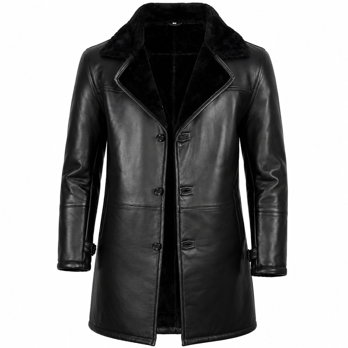 Men's Button Up Sherpa Lined Fur Leather Coat