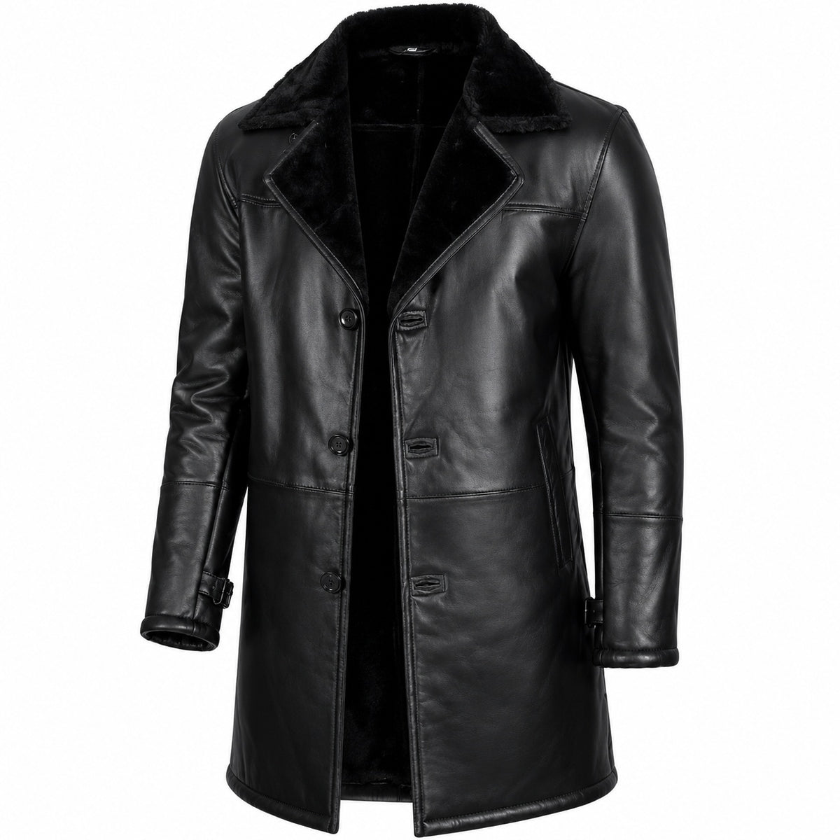 Men's Button Up Sherpa Lined Fur Leather Coat