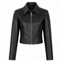 Women's Zip Up Shirt Collar Cropped Leather Jacket