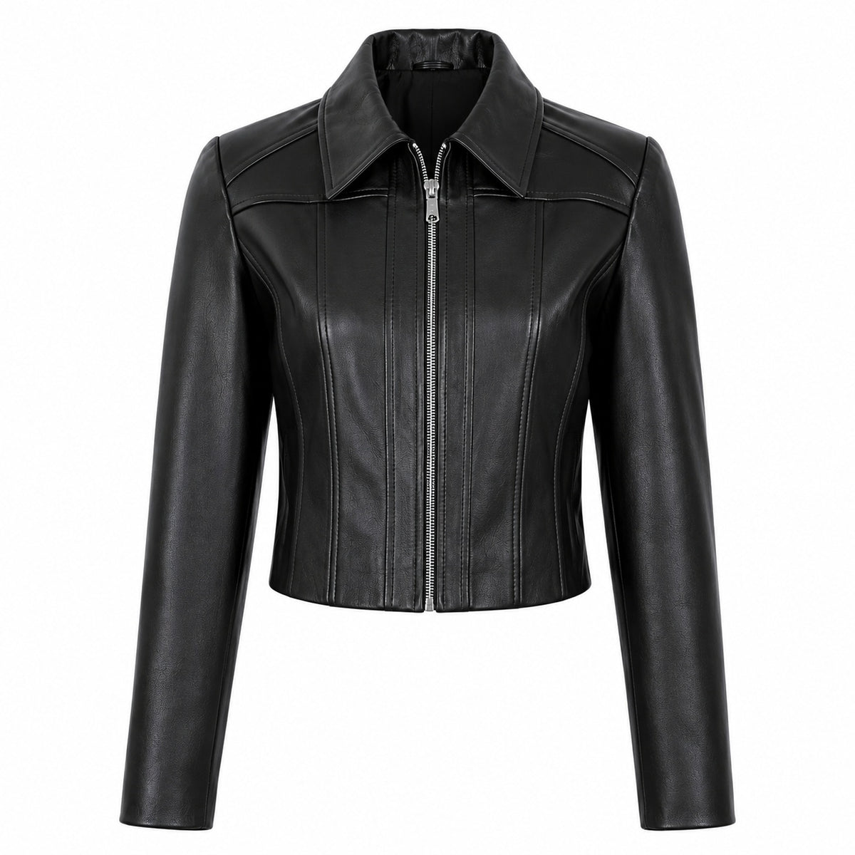 Women's Zip Up Shirt Collar Cropped Leather Jacket