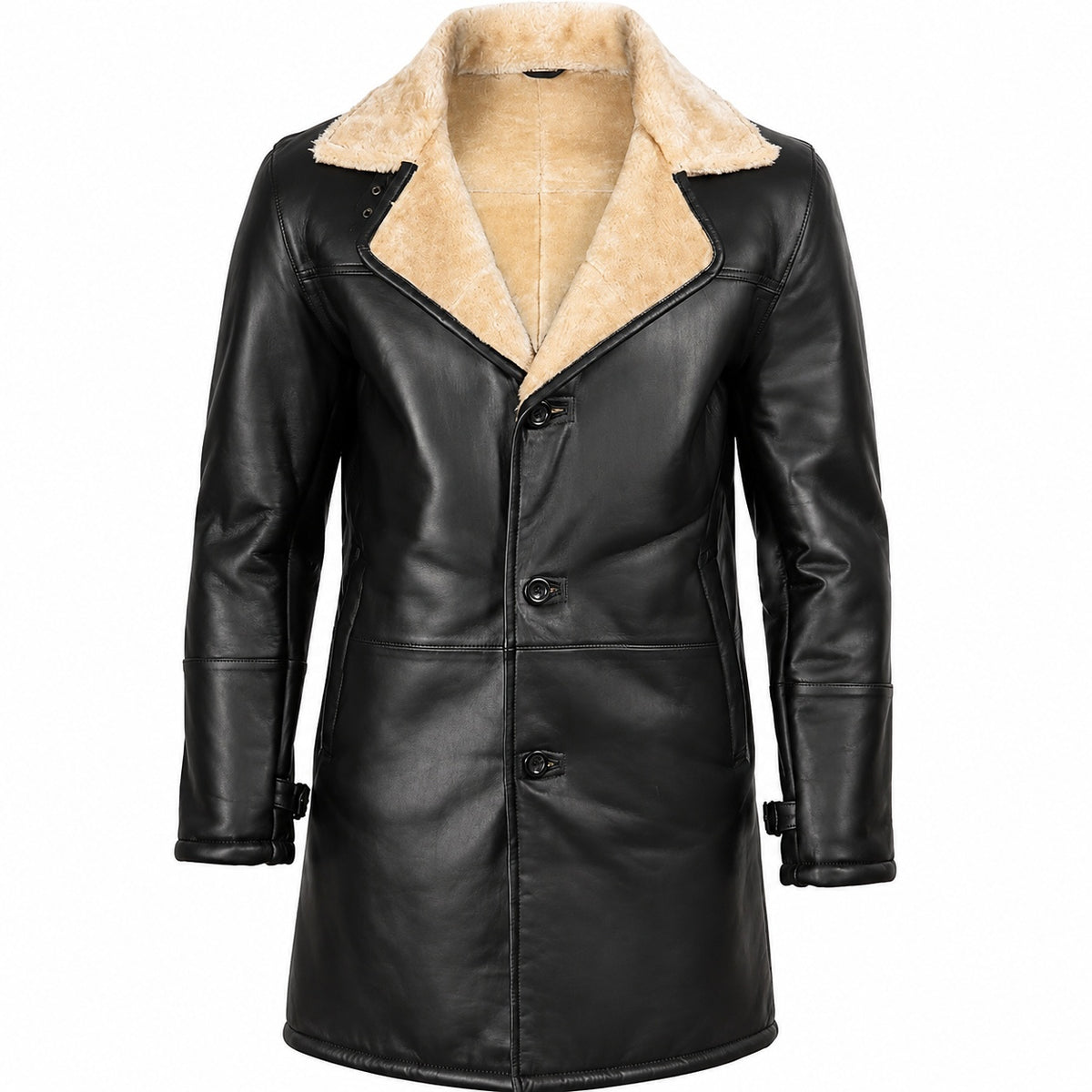 Men's Button Up Sherpa Lined Fur Leather Coat
