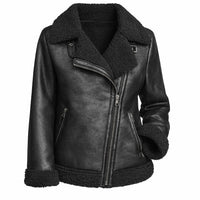 Women's Black Aviator Sherpa Fur Leather Jacket