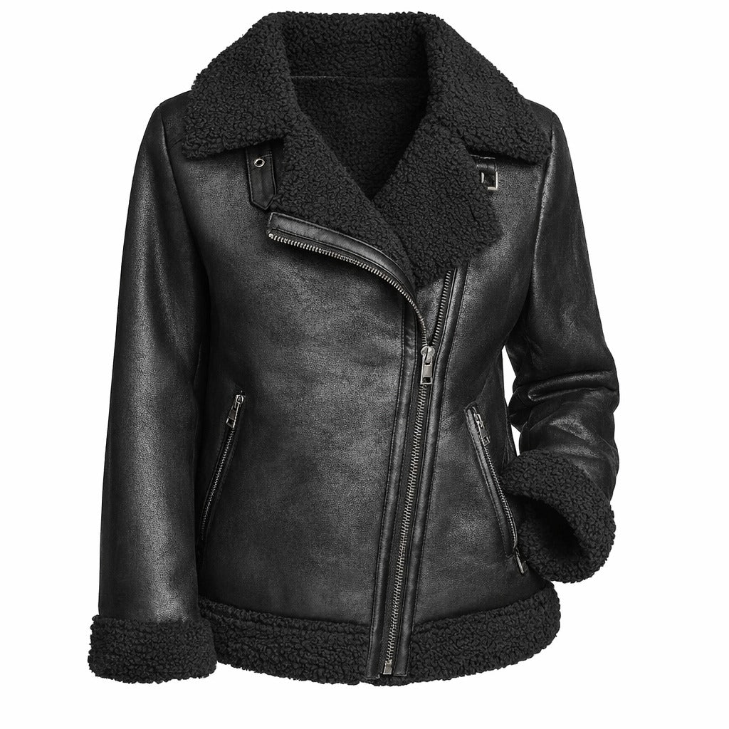 Women's Black Aviator Sherpa Fur Leather Jacket