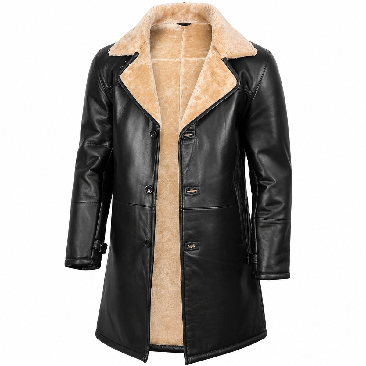 Men's Button Up Sherpa Lined Fur Leather Coat