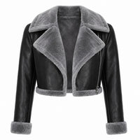 Women's Asymmetrical Shearling Fur Cropped Leather Jacket