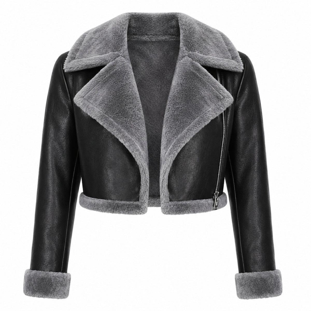 Women's Asymmetrical Shearling Fur Cropped Leather Jacket