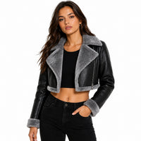 Women's Asymmetrical Shearling Fur Cropped Leather Jacket