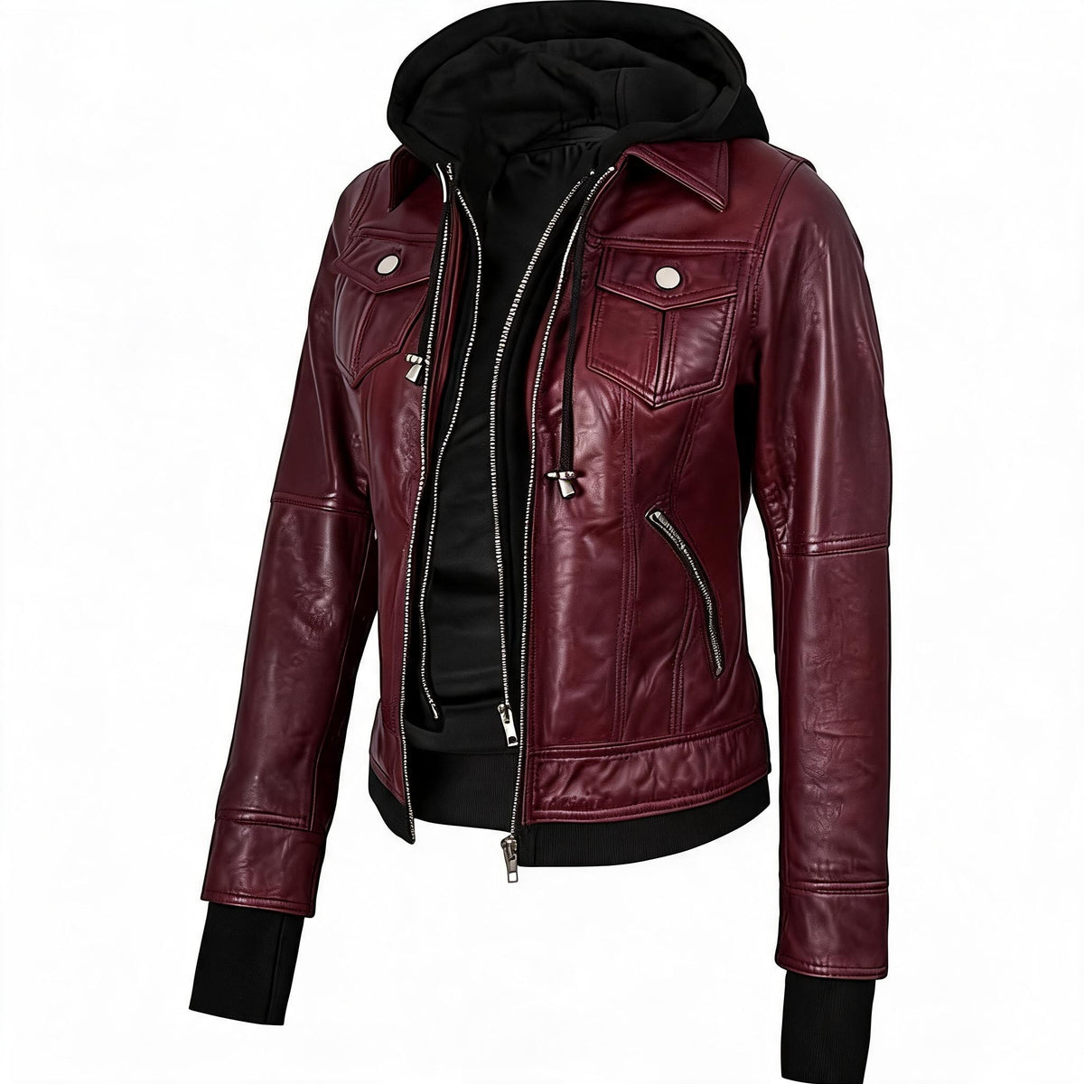 Women's Fashion Moto Hooded Biker Leather Jacket