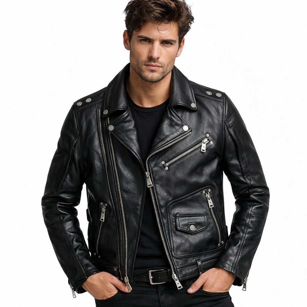 Men's Black Multi Zipper Biker Leather Jacket