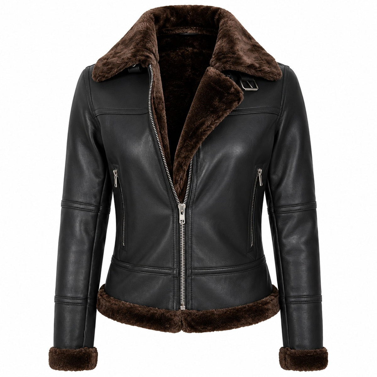 Women's Black Asymmetrical Fur Lined Leather Jacket