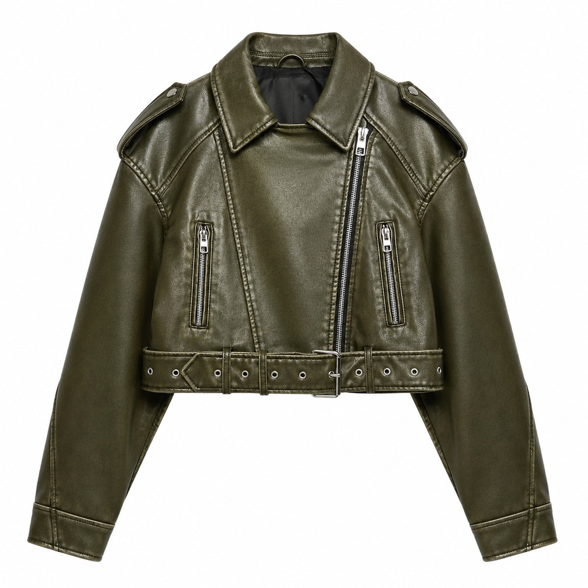 Women's Olive Green Cropped Leather Jacket