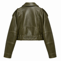 Women's Olive Green Cropped Leather Jacket