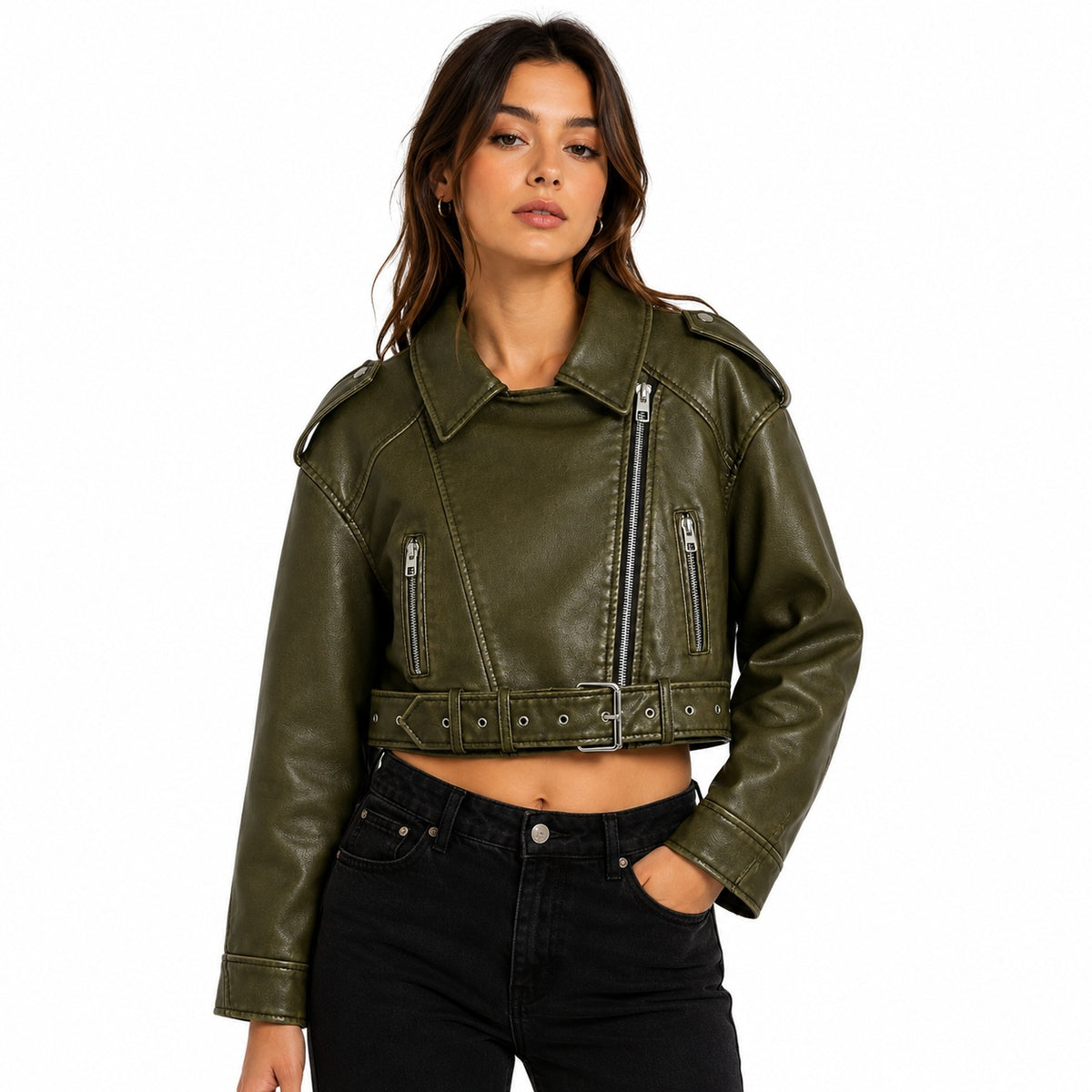 Women's Olive Green Cropped Leather Jacket