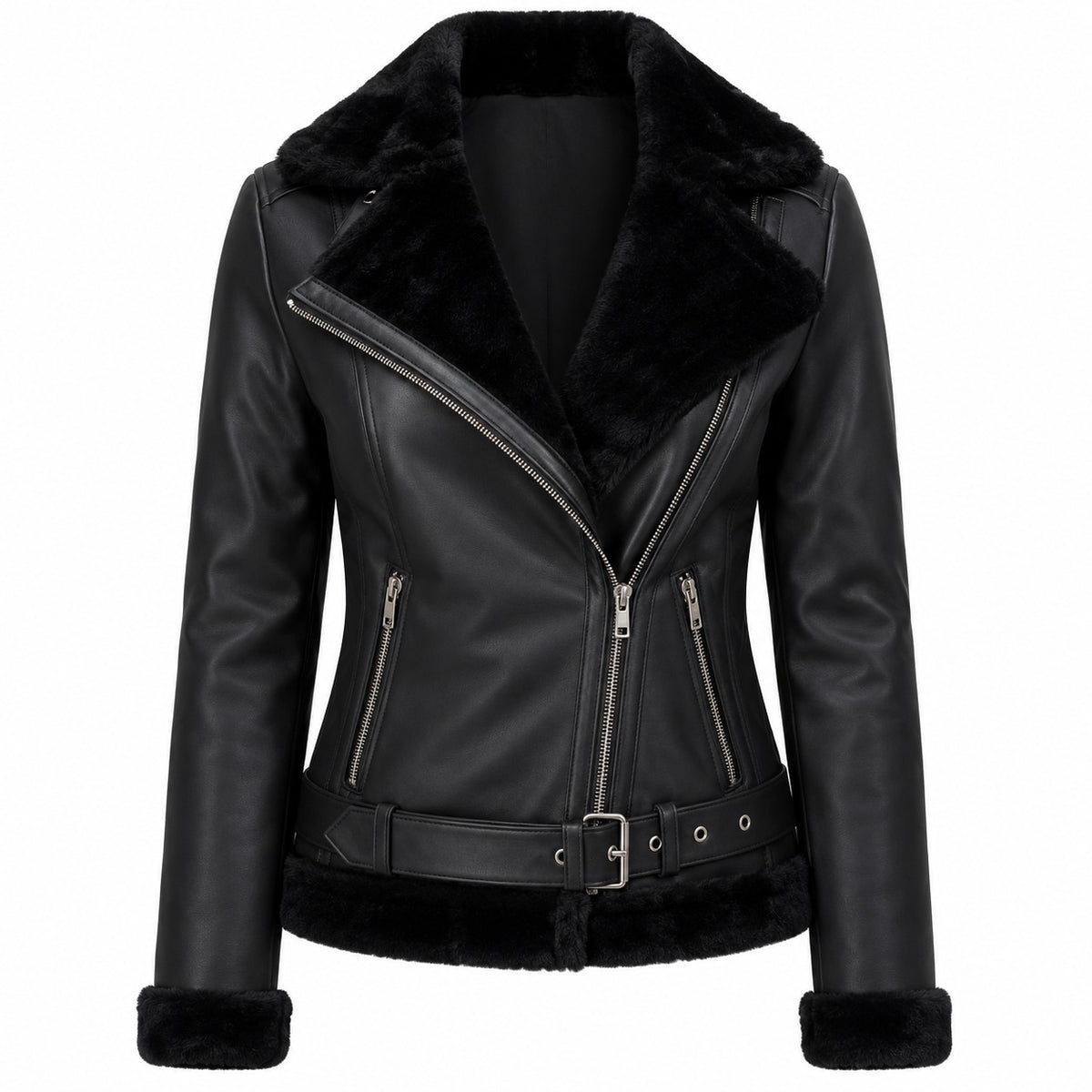 Women's Black Shearling Lined Aviator Jacket