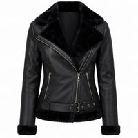 Women's Black Shearling Lined Aviator Jacket