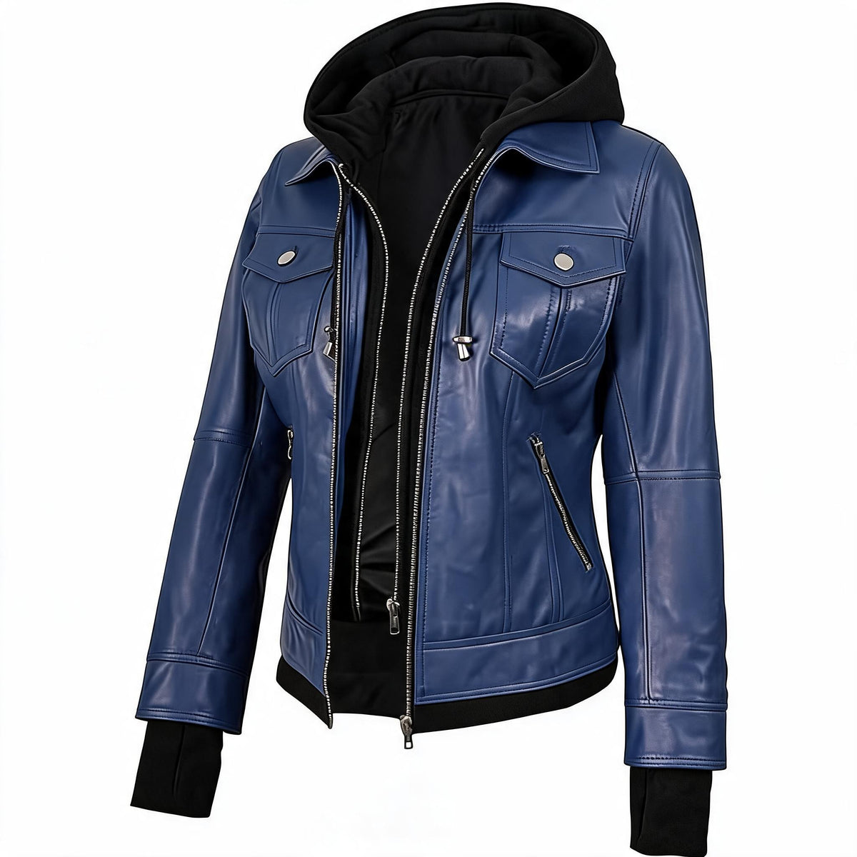 Women's Fashion Moto Hooded Biker Leather Jacket