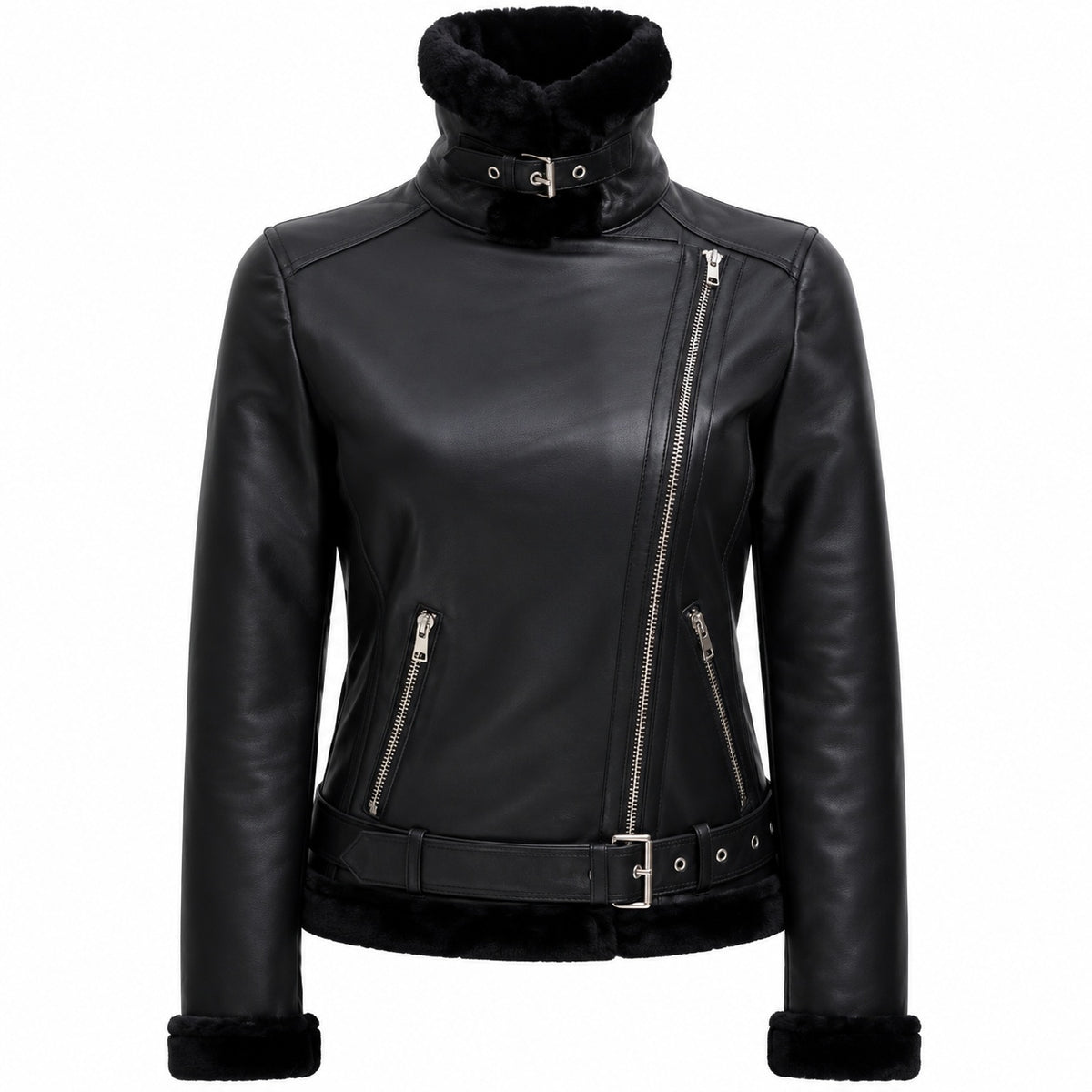 Women's Black Shearling Lined Aviator Jacket