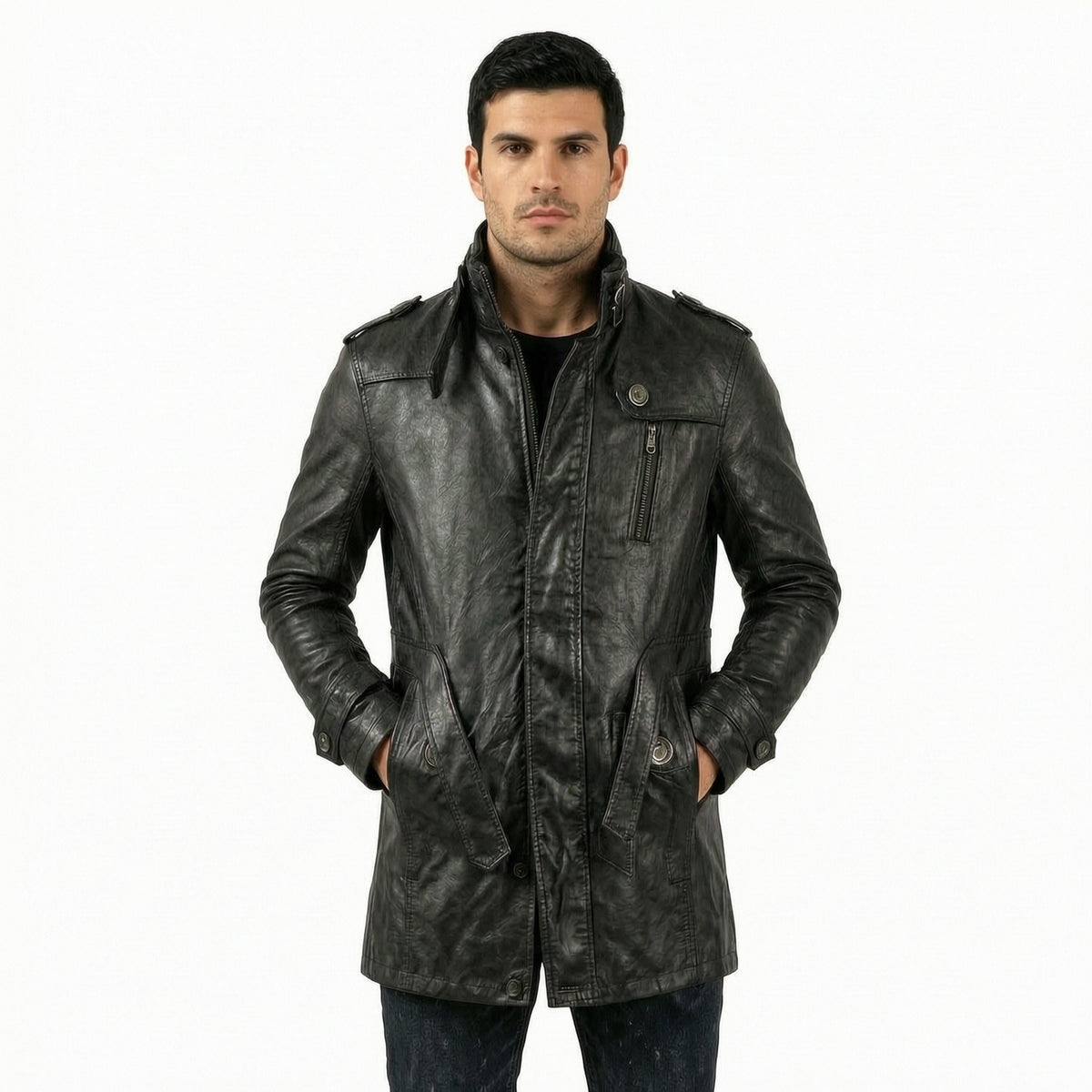 Men's Mid Length Trench Leather Coat