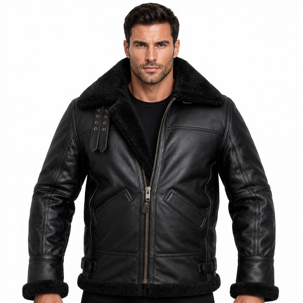 Men's Black Classic Shearling Genuine Leather Jacket