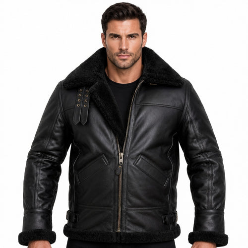 Men's Black Classic Shearling Genuine Leather Jacket
