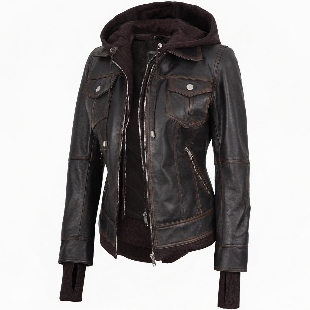 Women's Fashion Moto Hooded Biker Leather Jacket