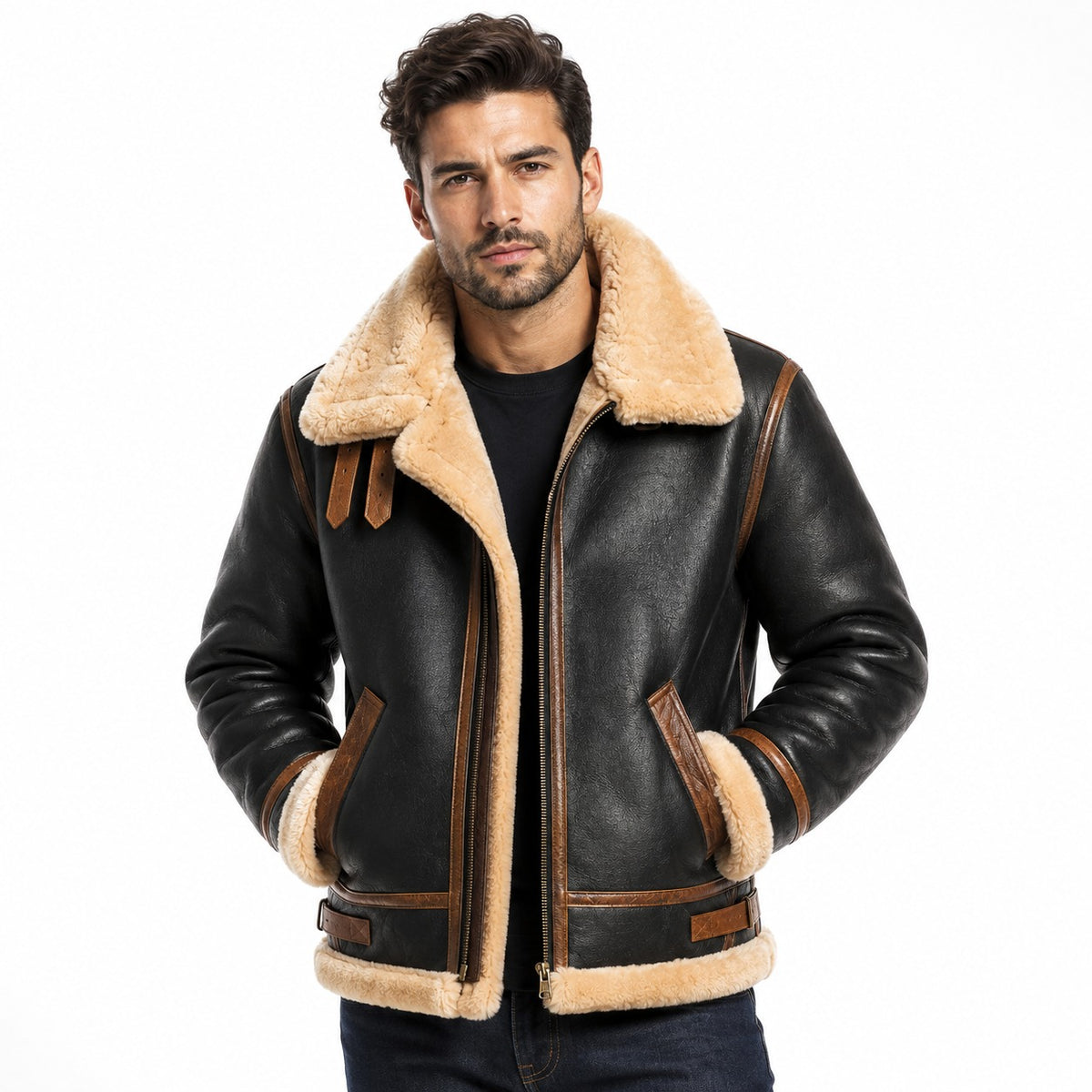Men's Winter Warm Aviator Fur Leather Jacket