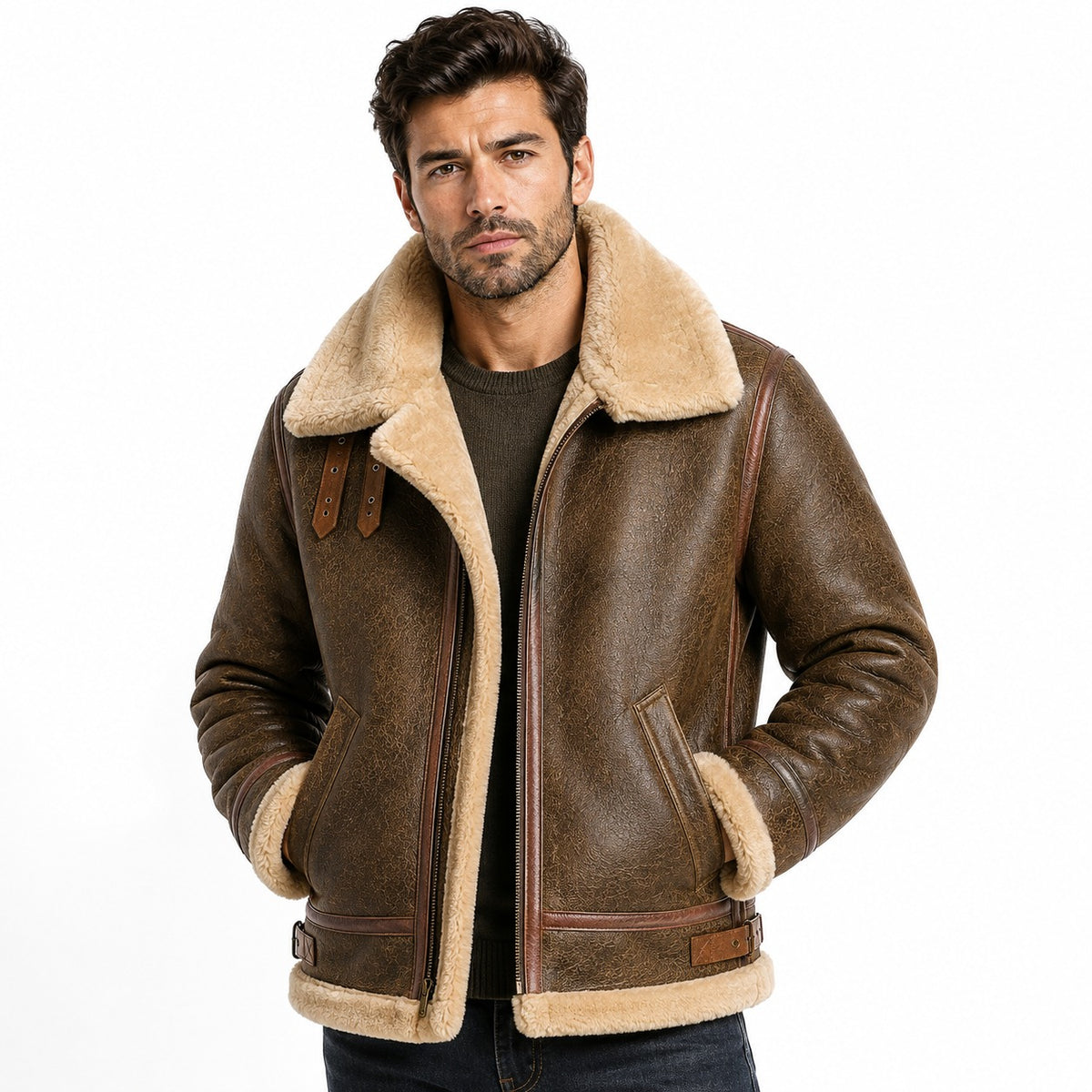 Men's Fur Collar Stylish Shearling Leather Jacket