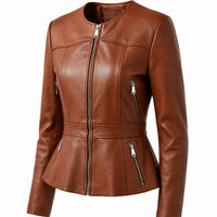 Women's Designer O Neck Biker Leather Jacket