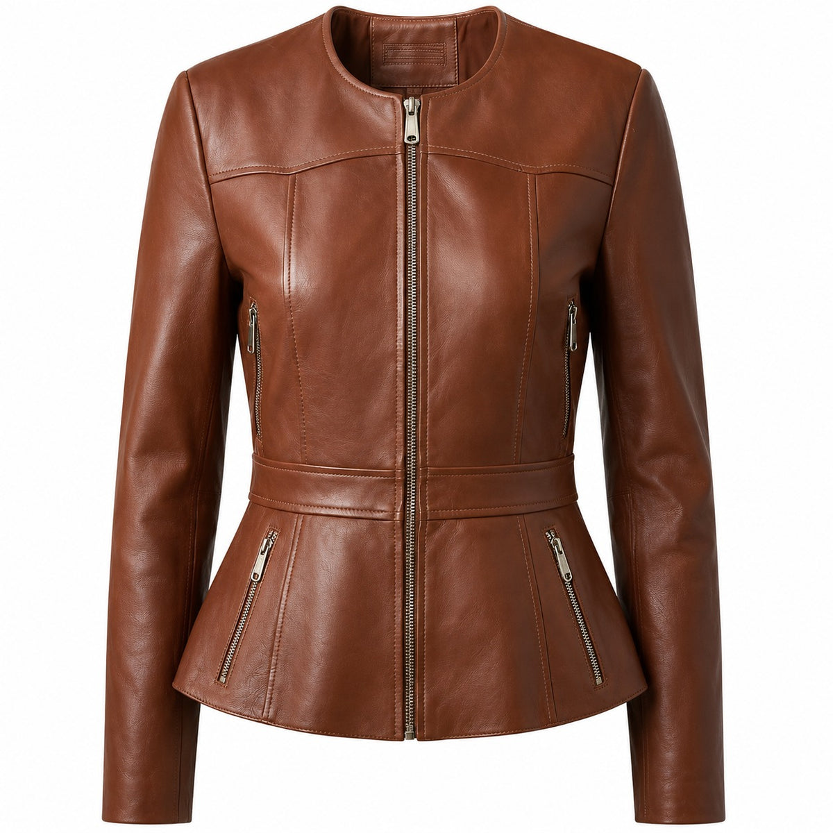 Women's Designer O Neck Biker Leather Jacket
