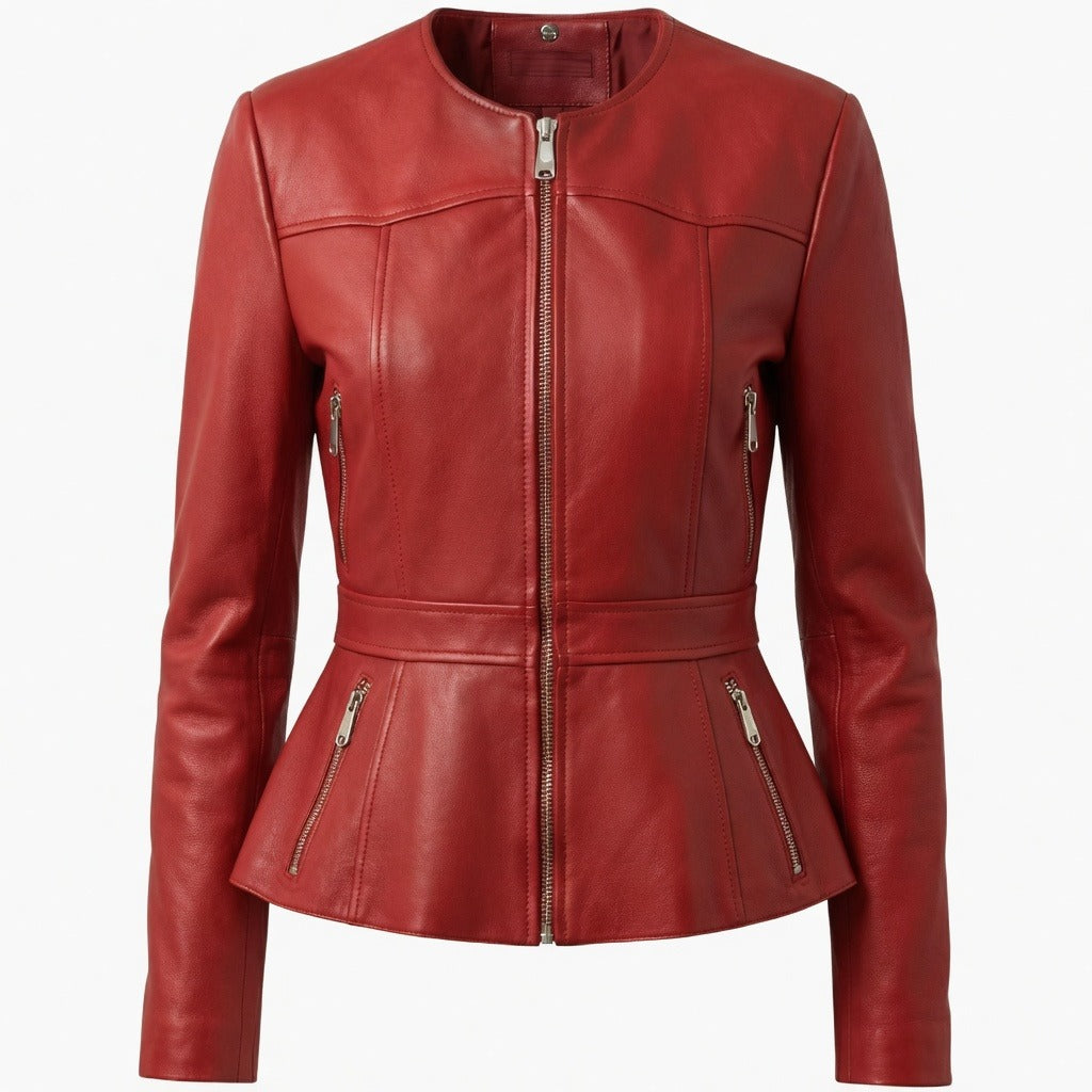 Women's Designer O Neck Biker Leather Jacket