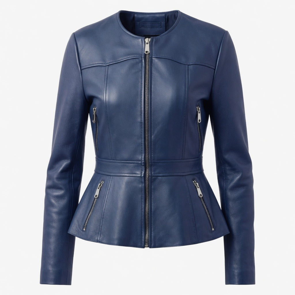 Women's Designer O Neck Biker Leather Jacket