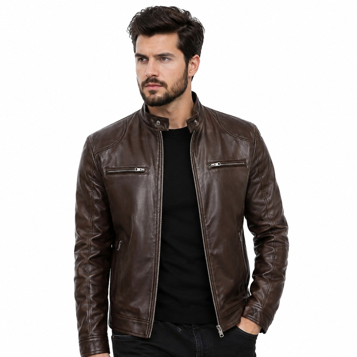 Men's Classic Stand Up Collar Original Leather Jacket