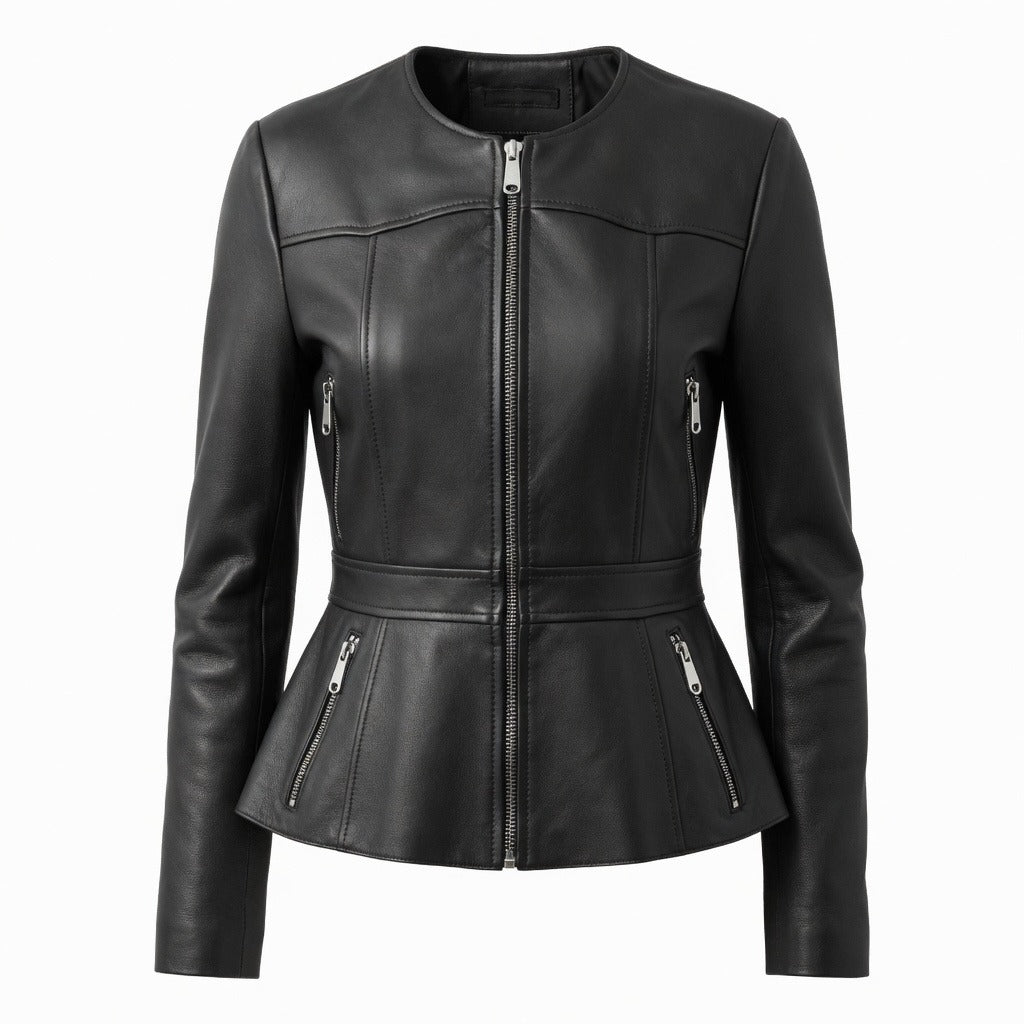 Women's Designer O Neck Biker Leather Jacket
