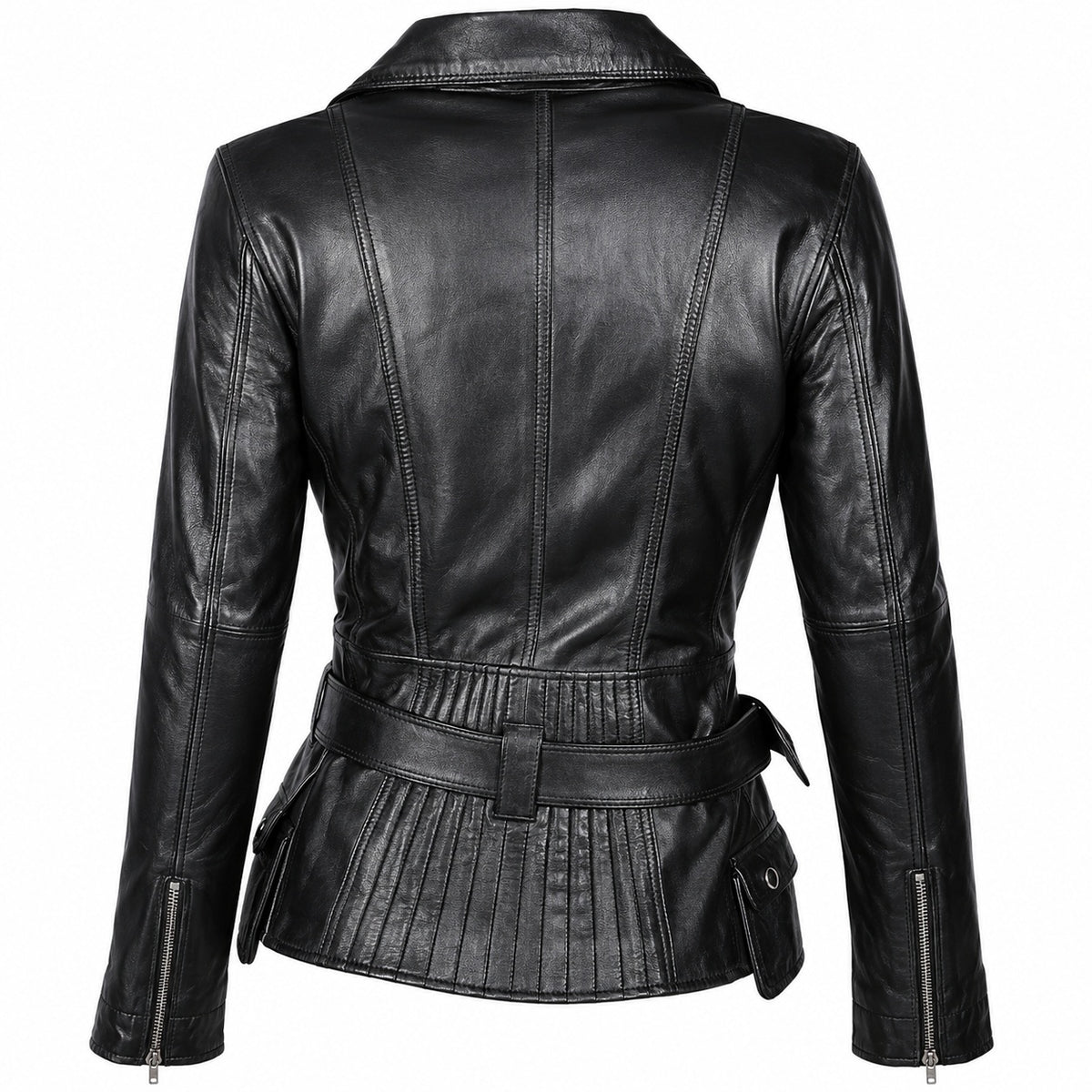 Women's Stylish Belted Motorcycle Leather Jacket