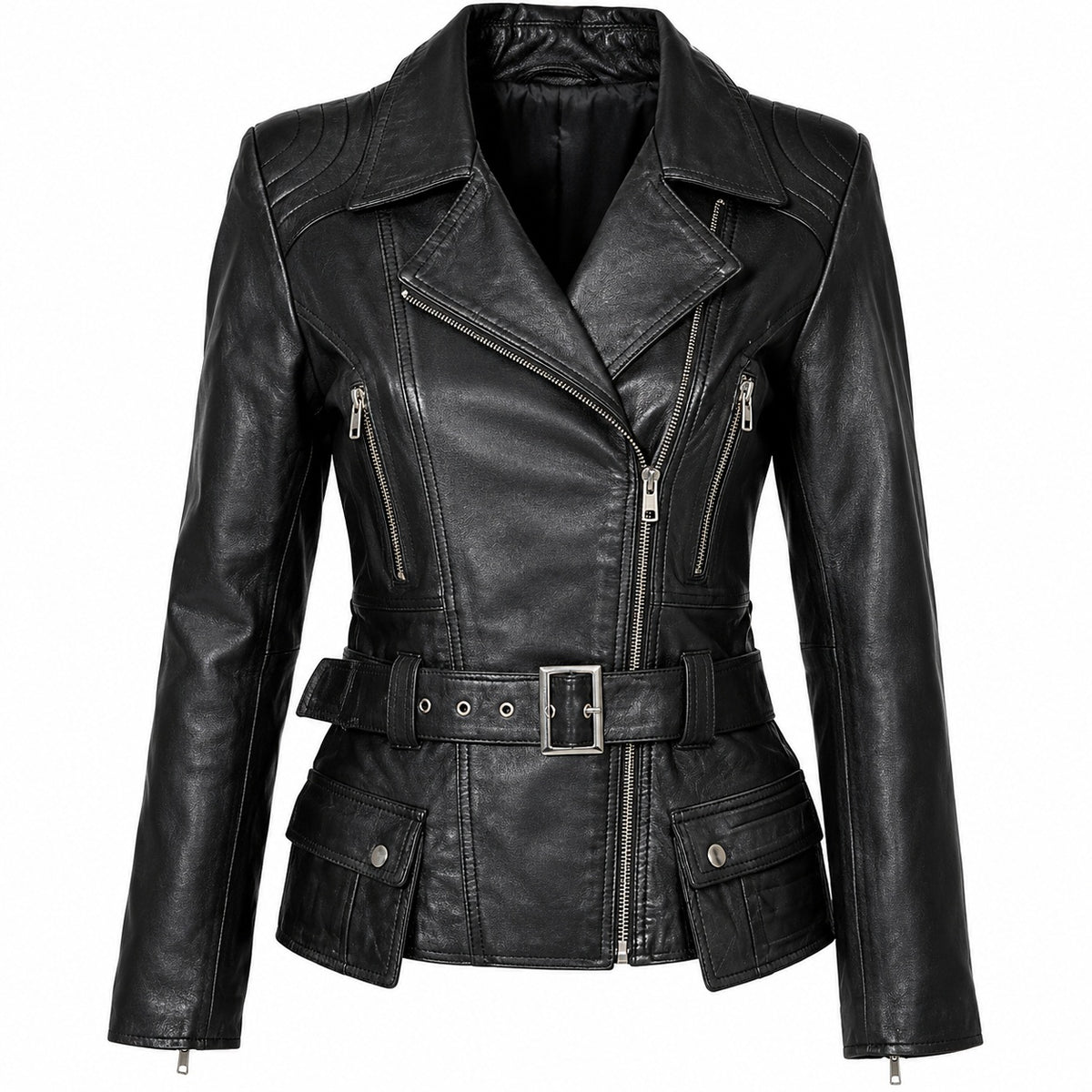 Women's Stylish Belted Motorcycle Leather Jacket