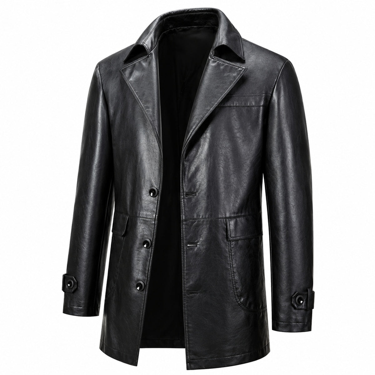 Men's Mid Length Button Up Leather Coat