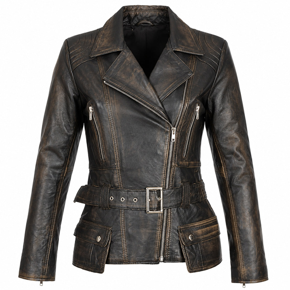 Women's Stylish Belted Motorcycle Leather Jacket