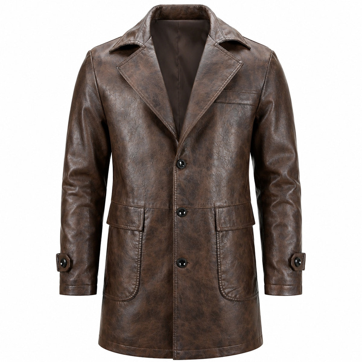 Men's Mid Length Button Up Leather Coat