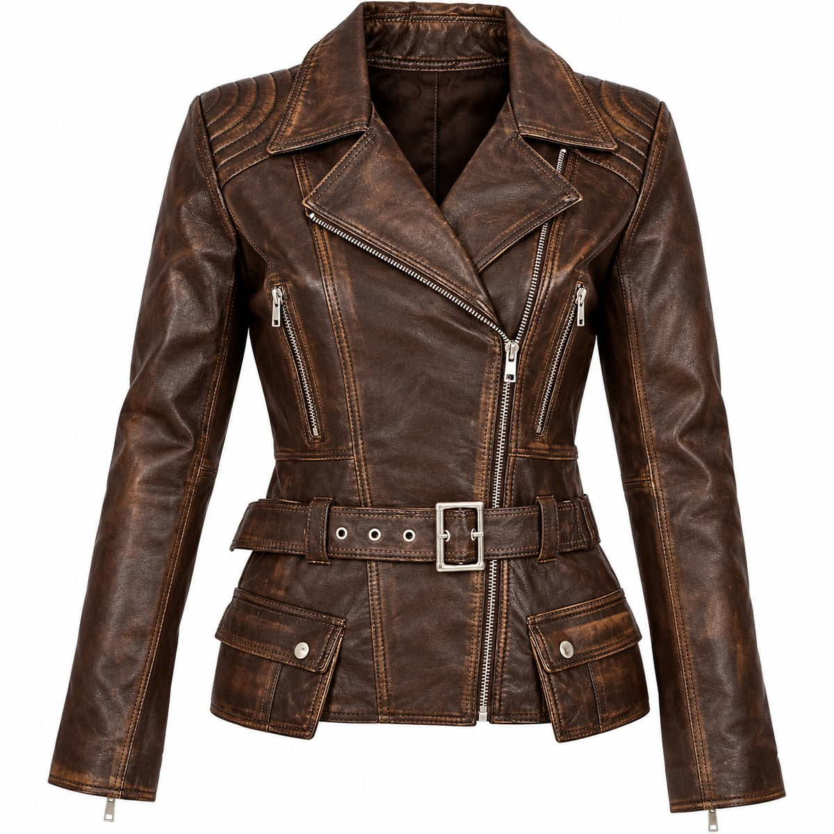 Women's Stylish Belted Motorcycle Leather Jacket