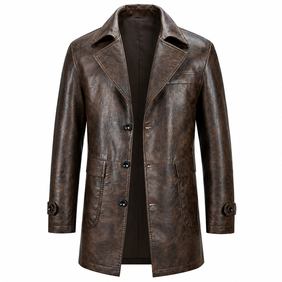 Men's Mid Length Button Up Leather Coat